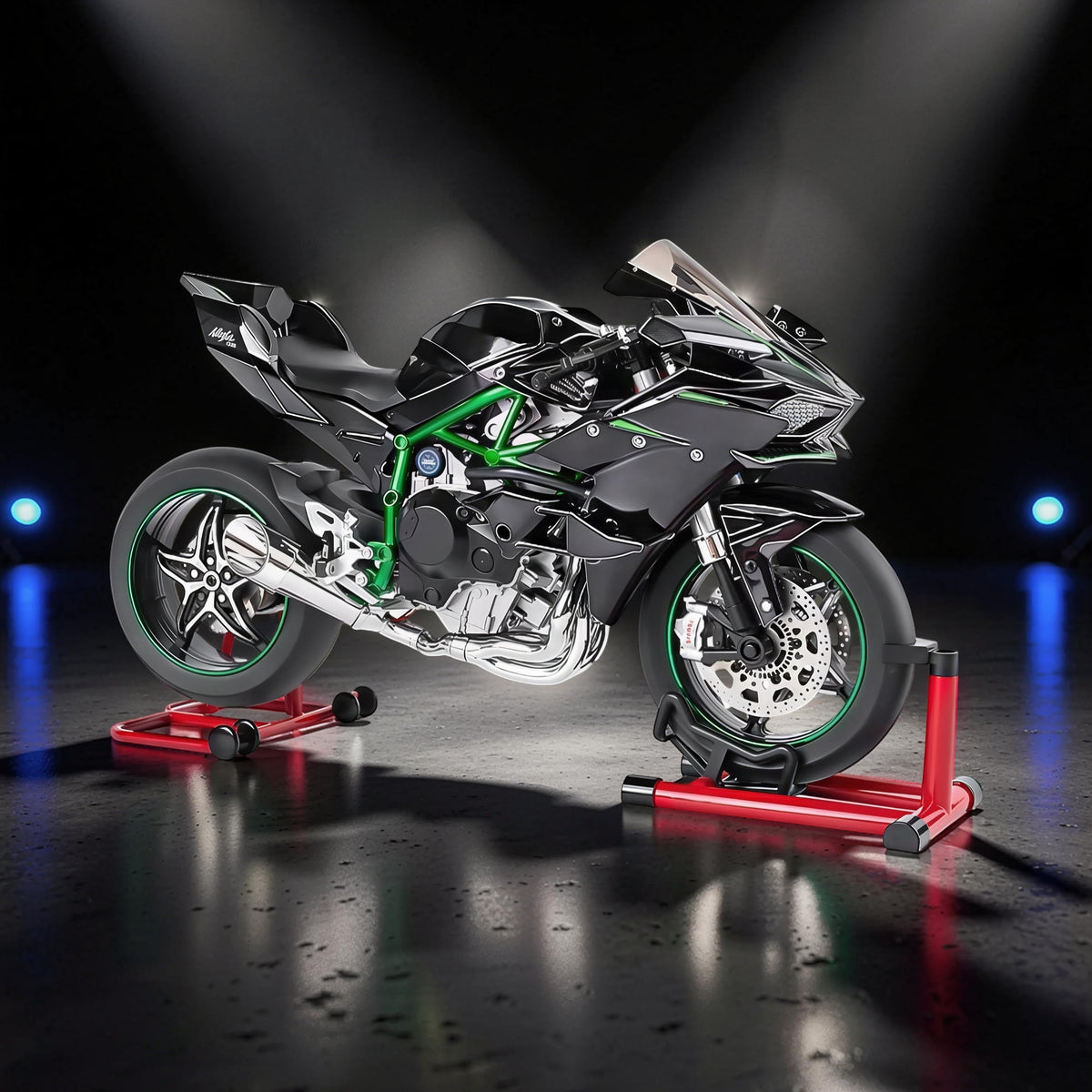 The Curious Mind 1/6 diecast motorcycle model in black with green accents, displayed on a red stand.