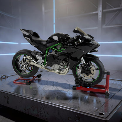 The Curious Mind 1/6 diecast motorcycle model in black with green frame details, displayed on a stand.