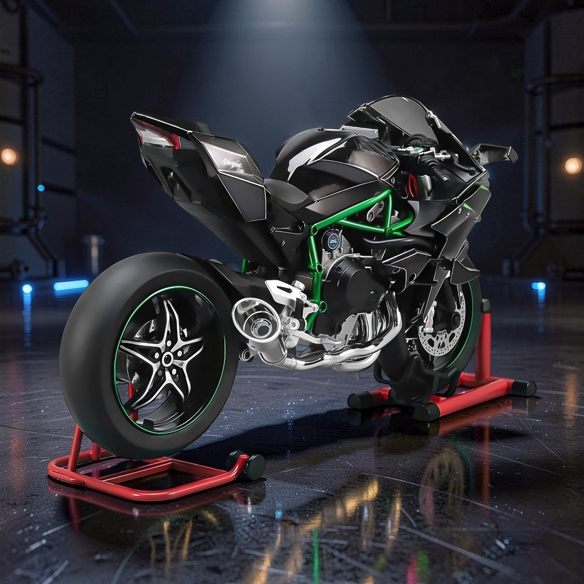 The Curious Mind 1/6 diecast motorcycle model in black with green accents, displayed on a red stand.