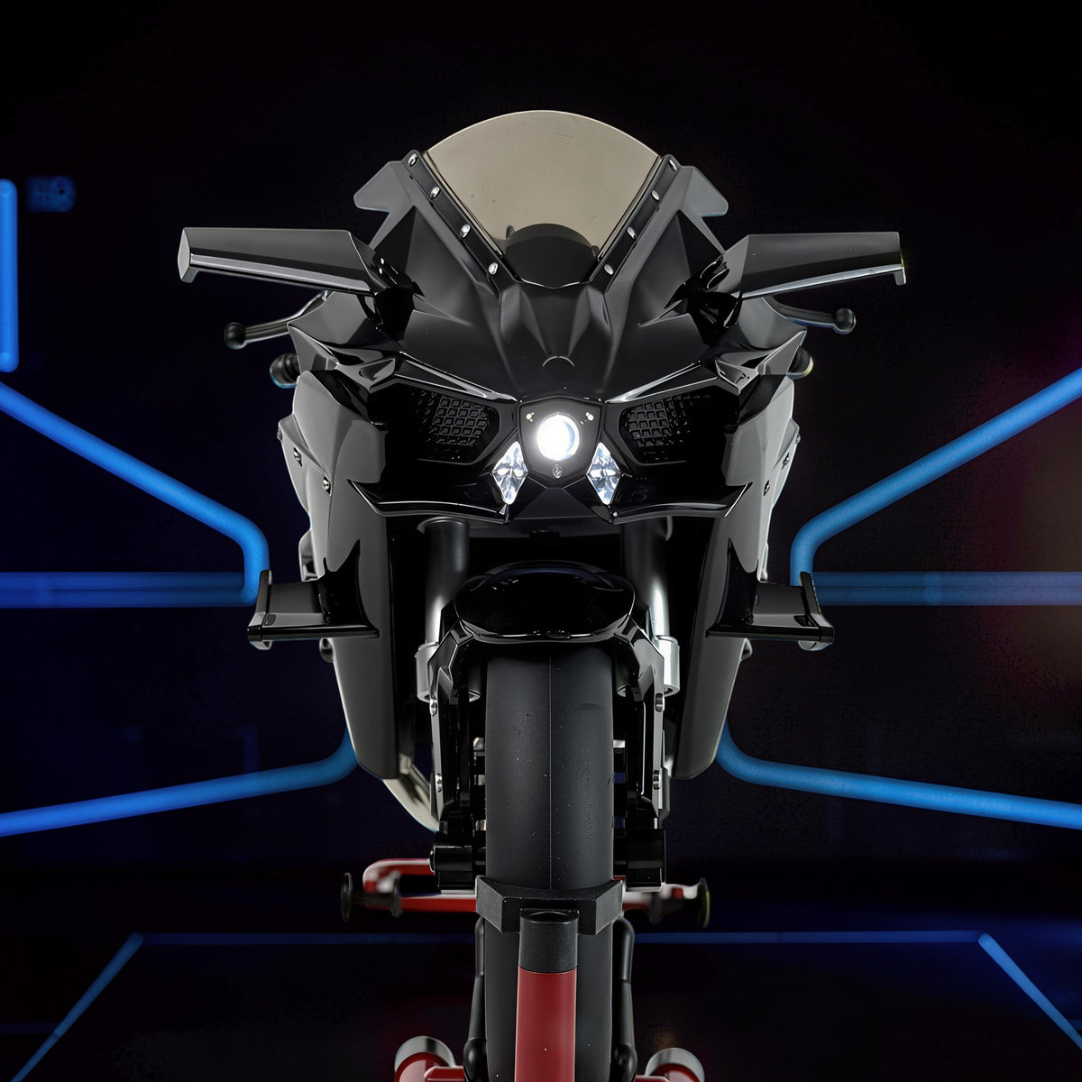 The Curious Mind 1/6 diecast motorcycle model, black, with detailed front fairing and headlights.