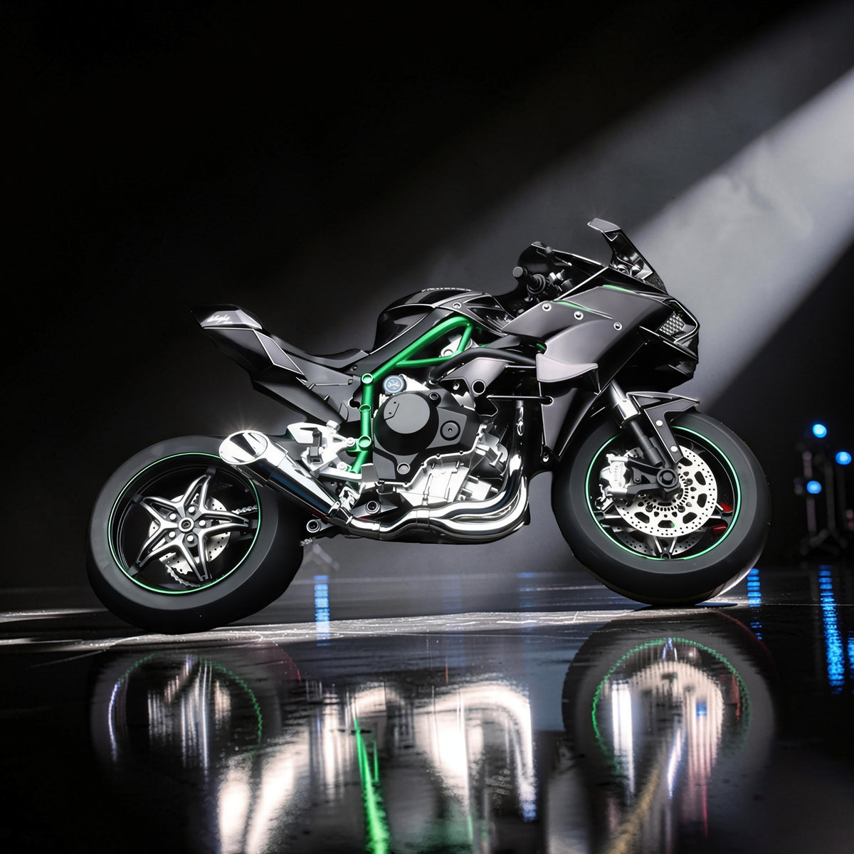 The Curious Mind 1/6 diecast motorcycle model in black with green accents, featuring intricate detailing and a realistic design.