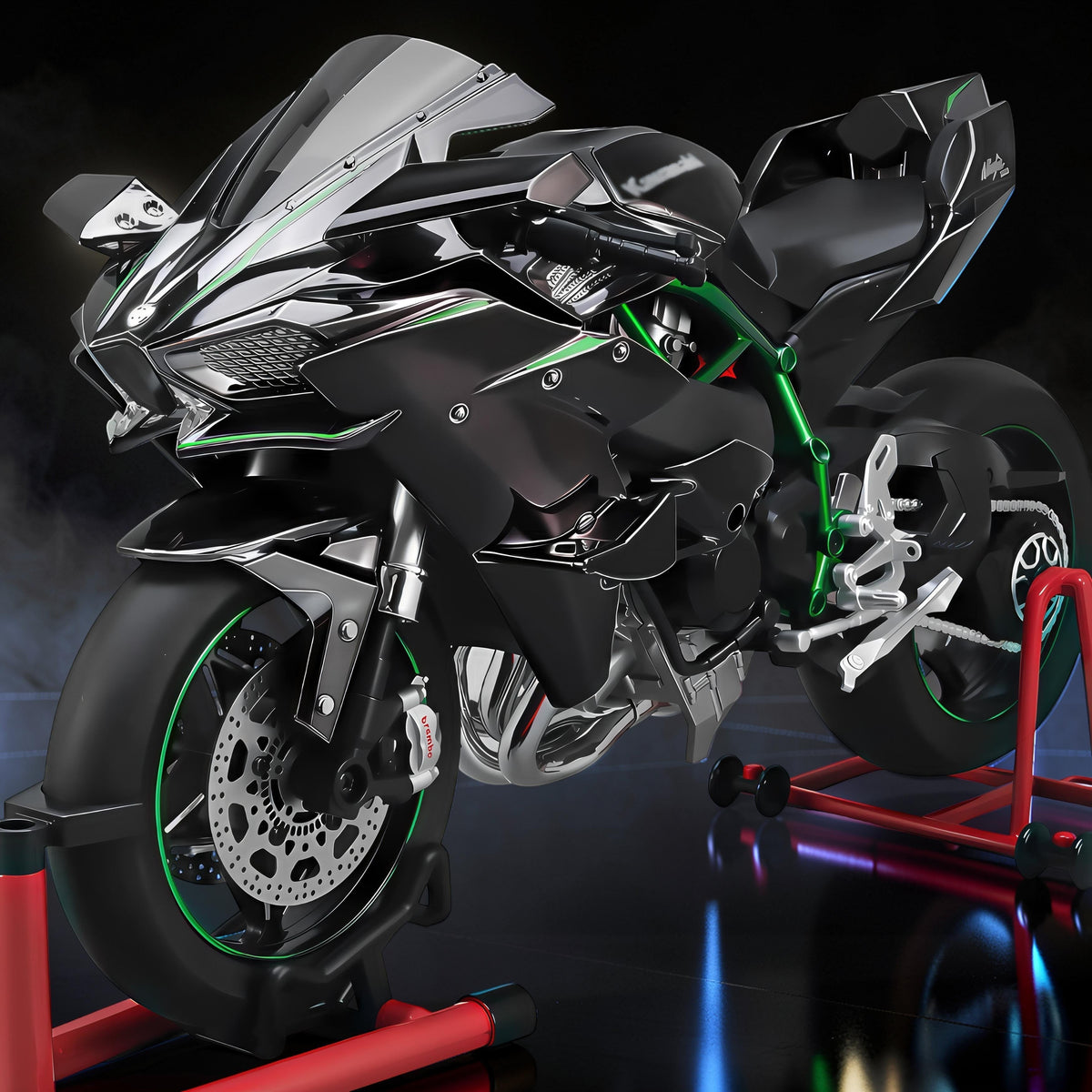 The Curious Mind 1/6 diecast motorcycle model in black with green accents, detailed display piece.