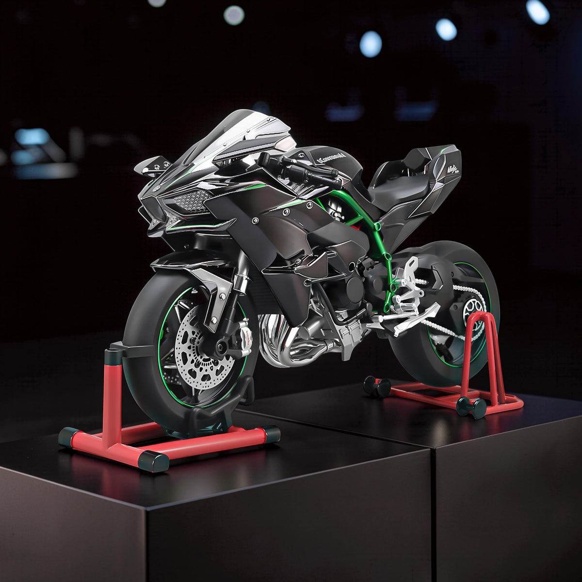 The Curious Mind 1/6 diecast motorcycle model in black with green accents, displayed on a red stand.