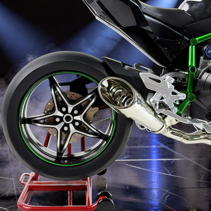 The Curious Mind 1/6 diecast motorcycle model, black with green accents, on a red stand.
