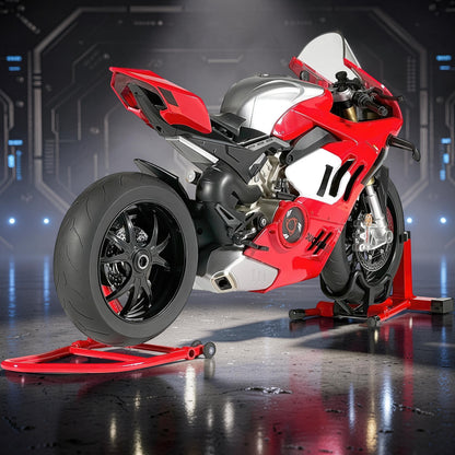 The Curious Mind 1:6 scale diecast model motorcycle in red and silver with realistic details and display stands.