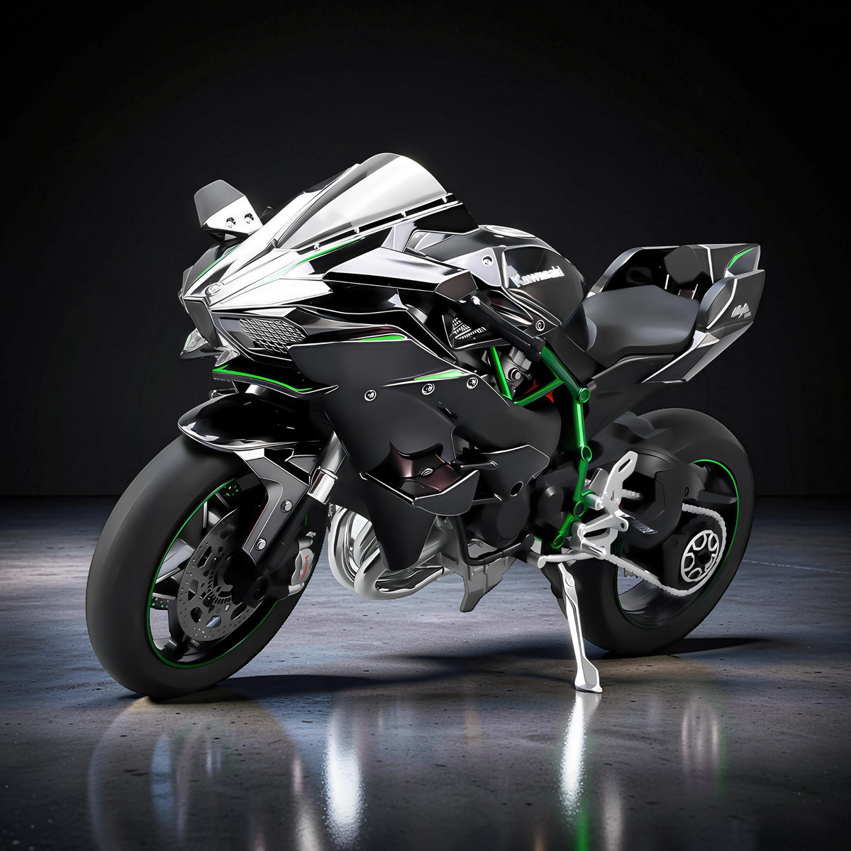 The Curious Mind 1/6 diecast motorcycle model, black with green accents, detailed collector display.