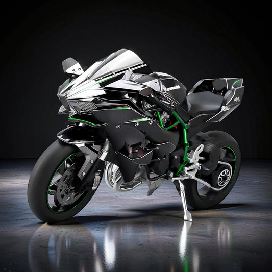 The Curious Mind 1/6 diecast motorcycle model, black with green accents, detailed collector display.