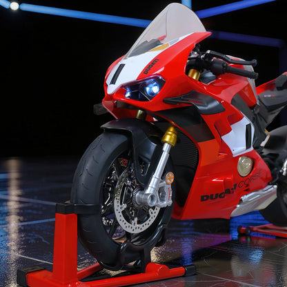 The Curious Mind 1/6 diecast motorcycle model in red, white, and black, featuring realistic details and a display stand.