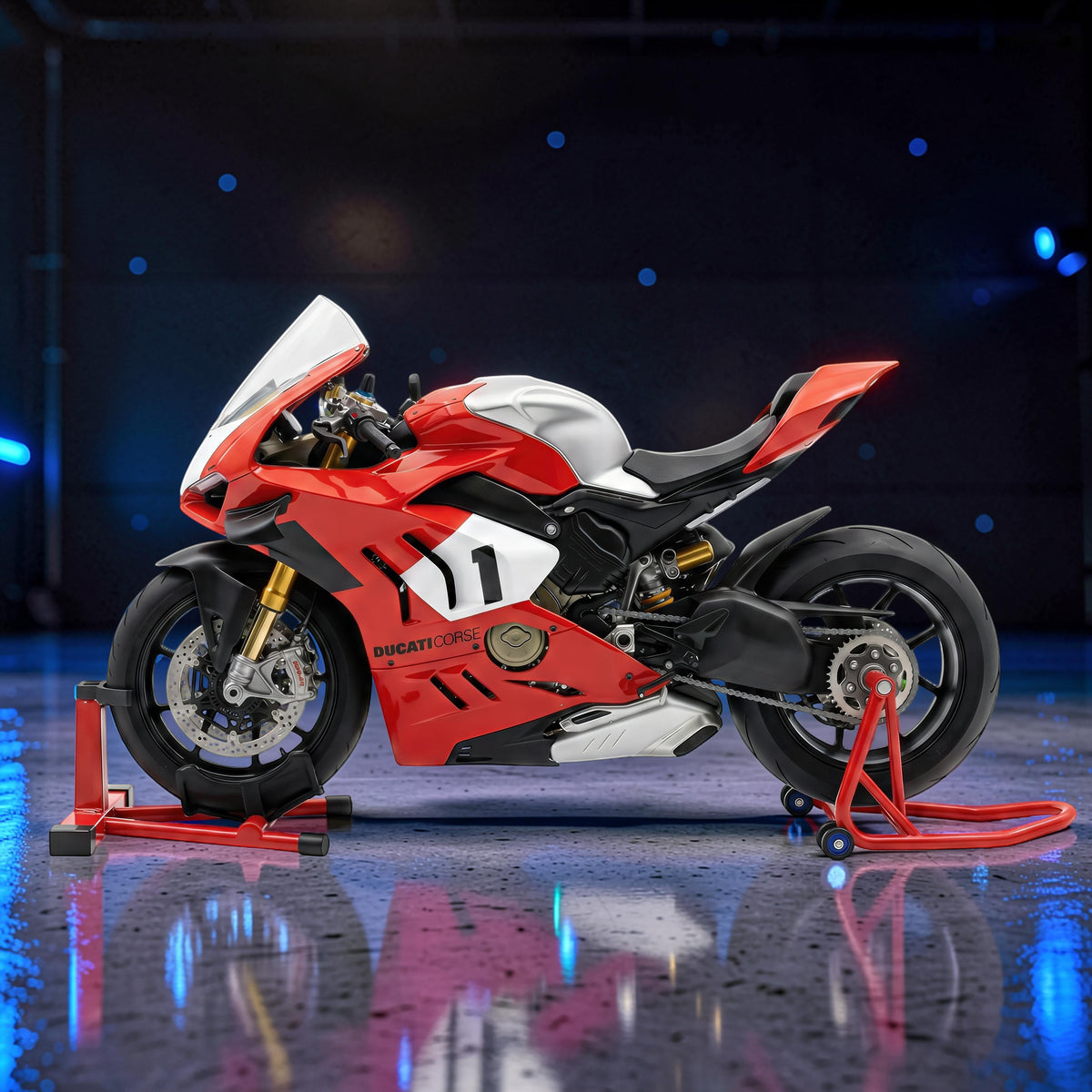 The Curious Mind 1/6 diecast motorcycle model in red and silver, displayed on a red stand.