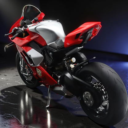 The Curious Mind 1/6 diecast motorcycle model in red and silver, with detailed features and realistic styling.