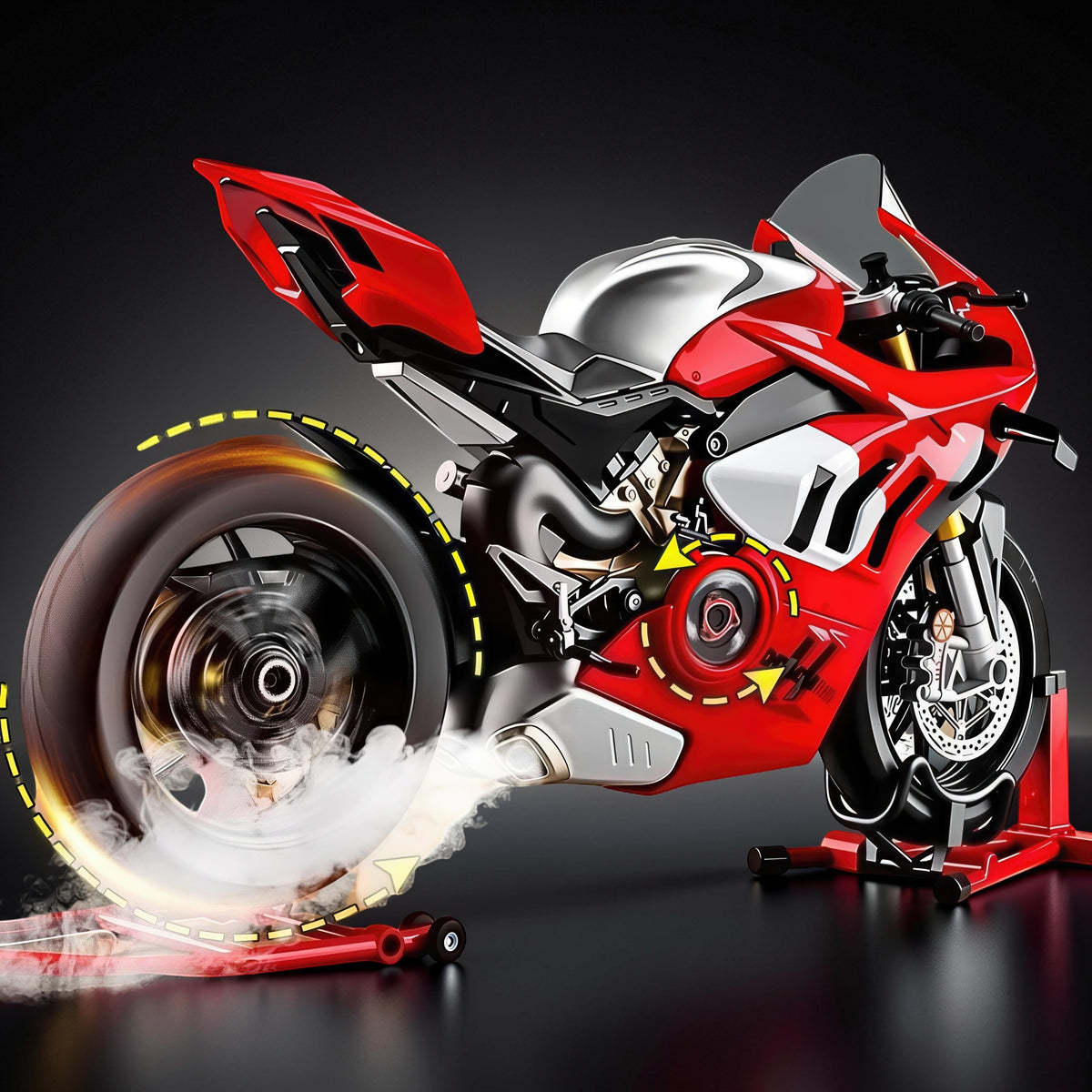 The Curious Mind 1/6 diecast motorcycle model in red and silver, with realistic smoke effect from the rear wheel.