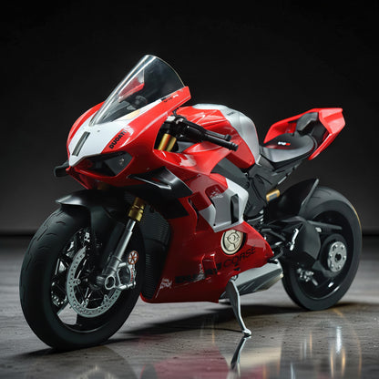 The Curious Mind 1/6 diecast motorcycle model in red, white, and silver with detailed features and a clear windscreen.