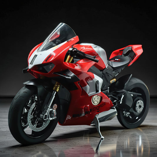 The Curious Mind 1/6 diecast motorcycle model in red, white, and silver with detailed features and a clear windscreen.