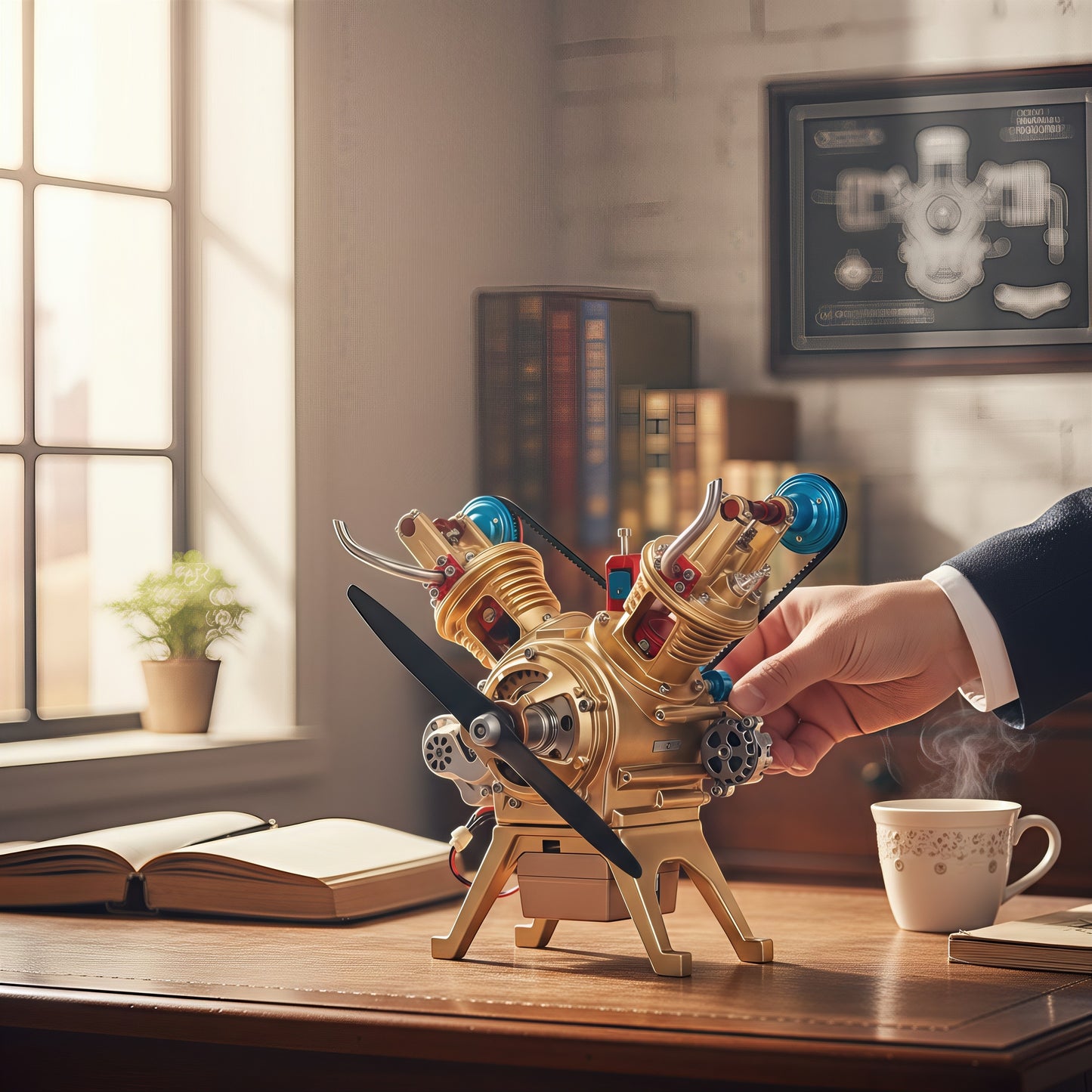 The Curious Mind Mini V2 Double-Cylinder Engine DIY Kit, a gold-toned metal model with blue and red accents, featuring gears, belts, and propeller.