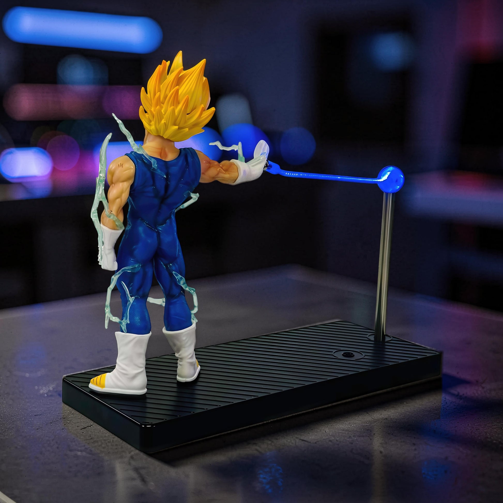 The Curious Mind Dragon Ball Vegeta night light set with magnetic LED display, featuring Vegeta in his iconic blue suit and white boots, with blue energy effects.