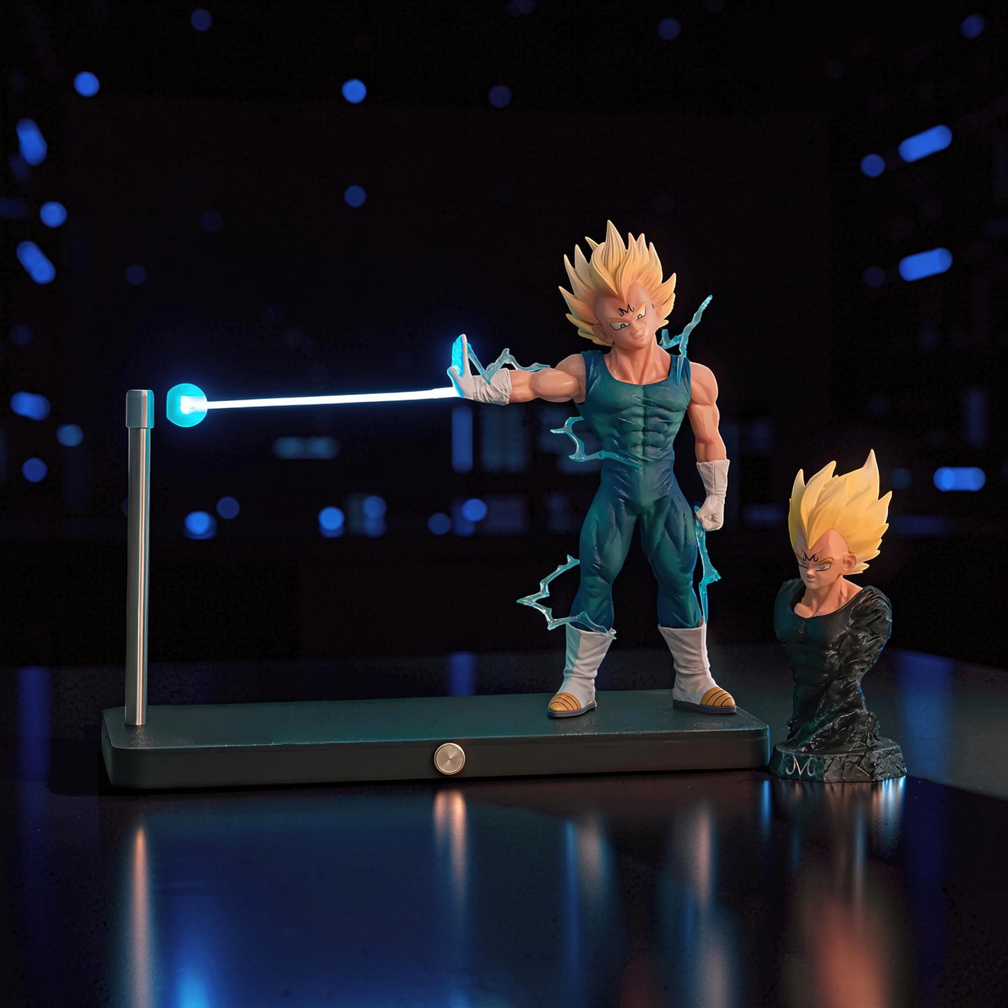 The Curious Mind Dragon Ball Vegeta night light set with magnetic LED display, featuring a figure in a blue suit with yellow spiky hair.