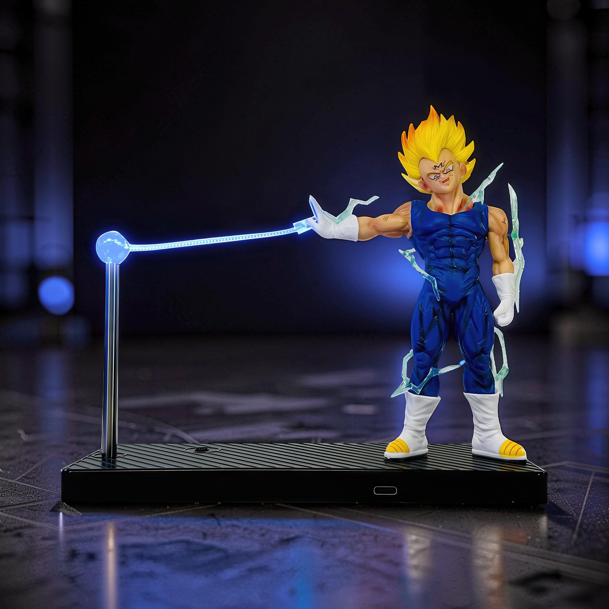 The Curious Mind Dragon Ball Vegeta night light with magnetic LED display, blue suit, yellow hair, and lightning effects.