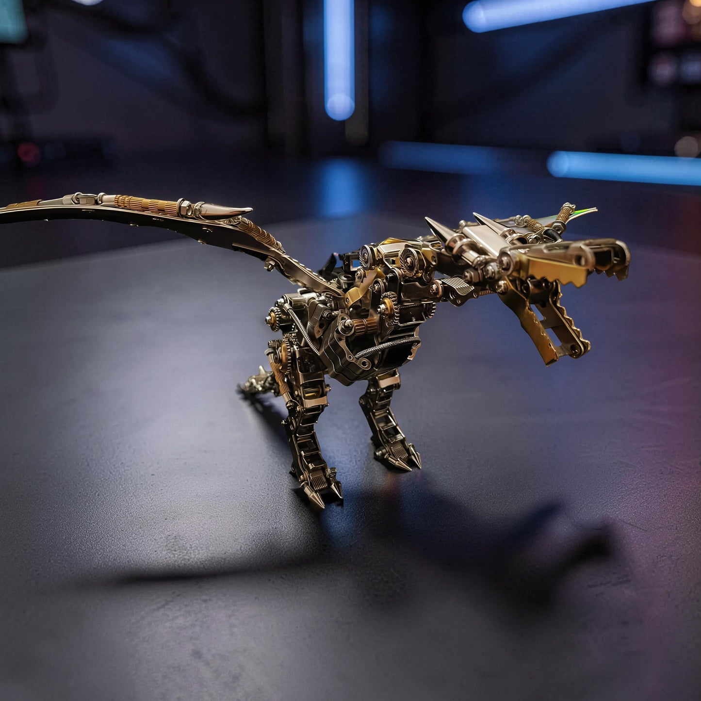 The Curious Mind Dragon with iridescent wings, a detailed 3D metal model kit with intricate gears and a steampunk aesthetic.
