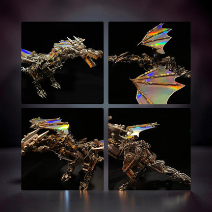 The Curious Mind Dragon with Iridescent Wings 3D metal model kit, intricate mechanical details, display base.