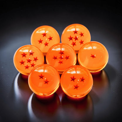 The Curious Mind Dragon Ball Crystal Ball Figures with red stars, made of crystal resin and metal. Set of 7.