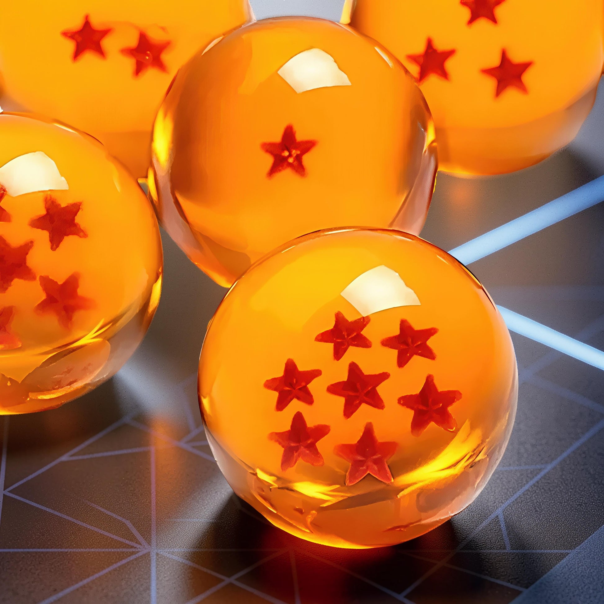 The Curious Mind Dragon Ball Crystal Ball Figure with 1-7 red stars inside, made of crystal resin and metal.