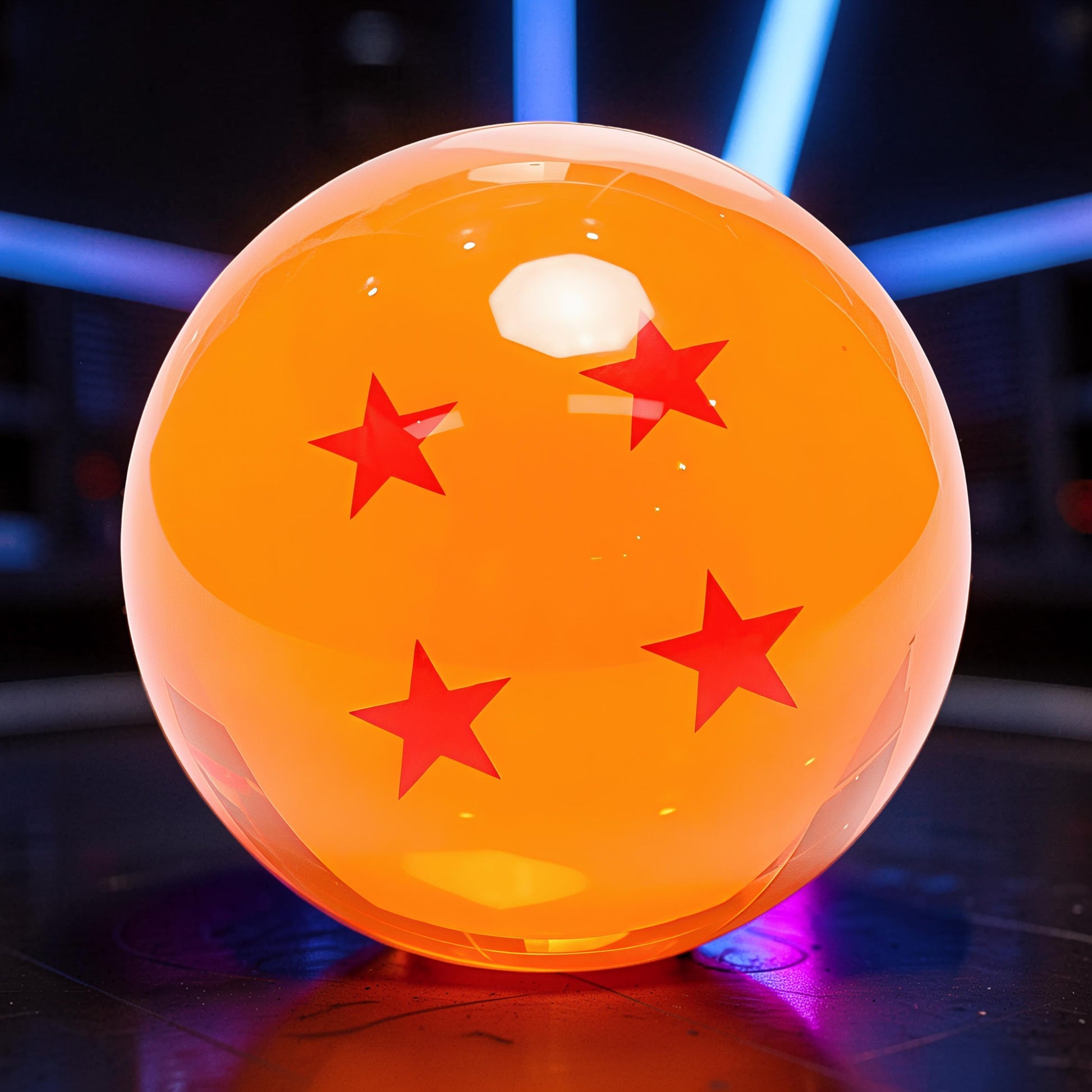 The Curious Mind Dragon Ball crystal ball figure with four red stars, made of crystal resin and metal.