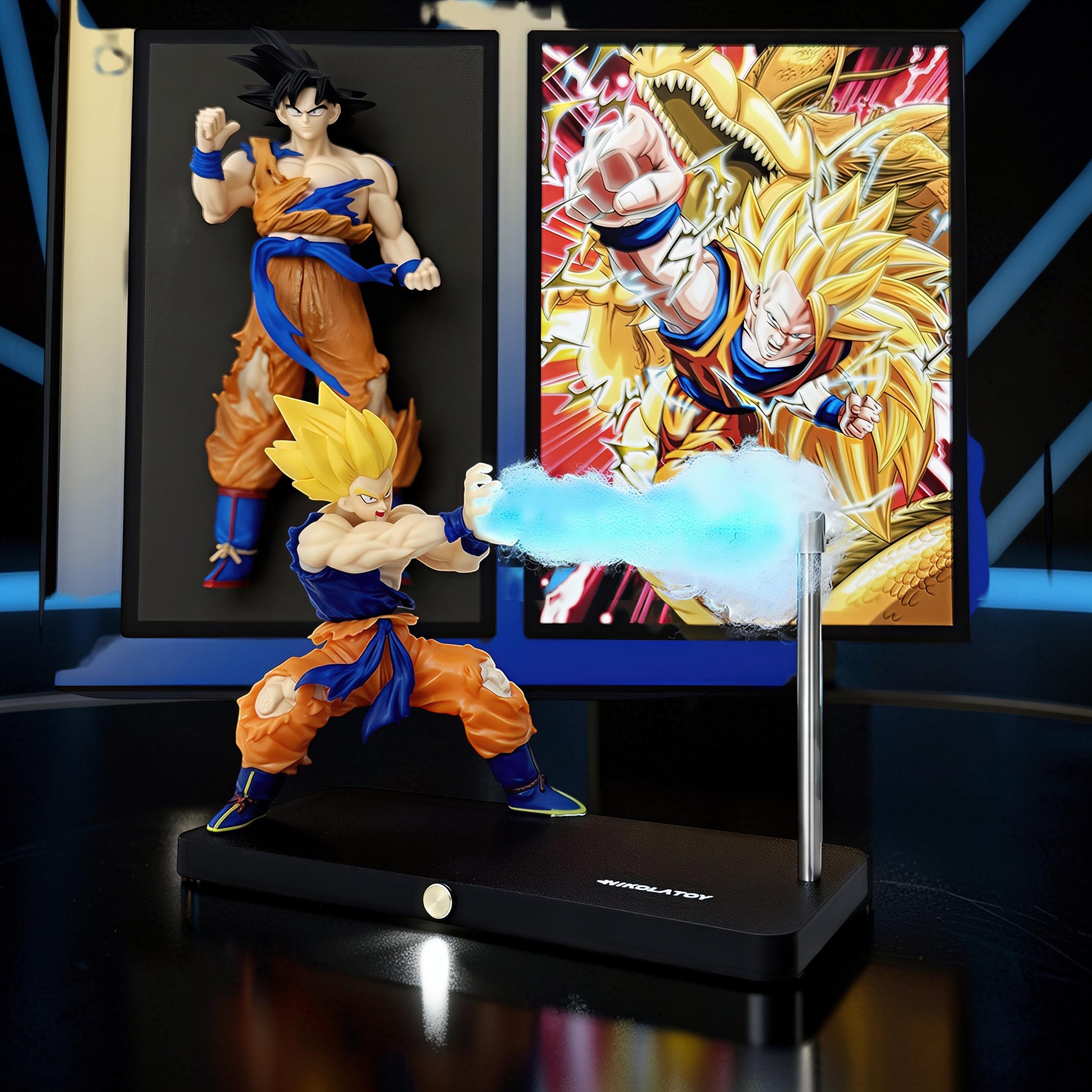 The Curious Mind Dragon Ball Kamehameha night light with Goku figure and blue energy blast effect.