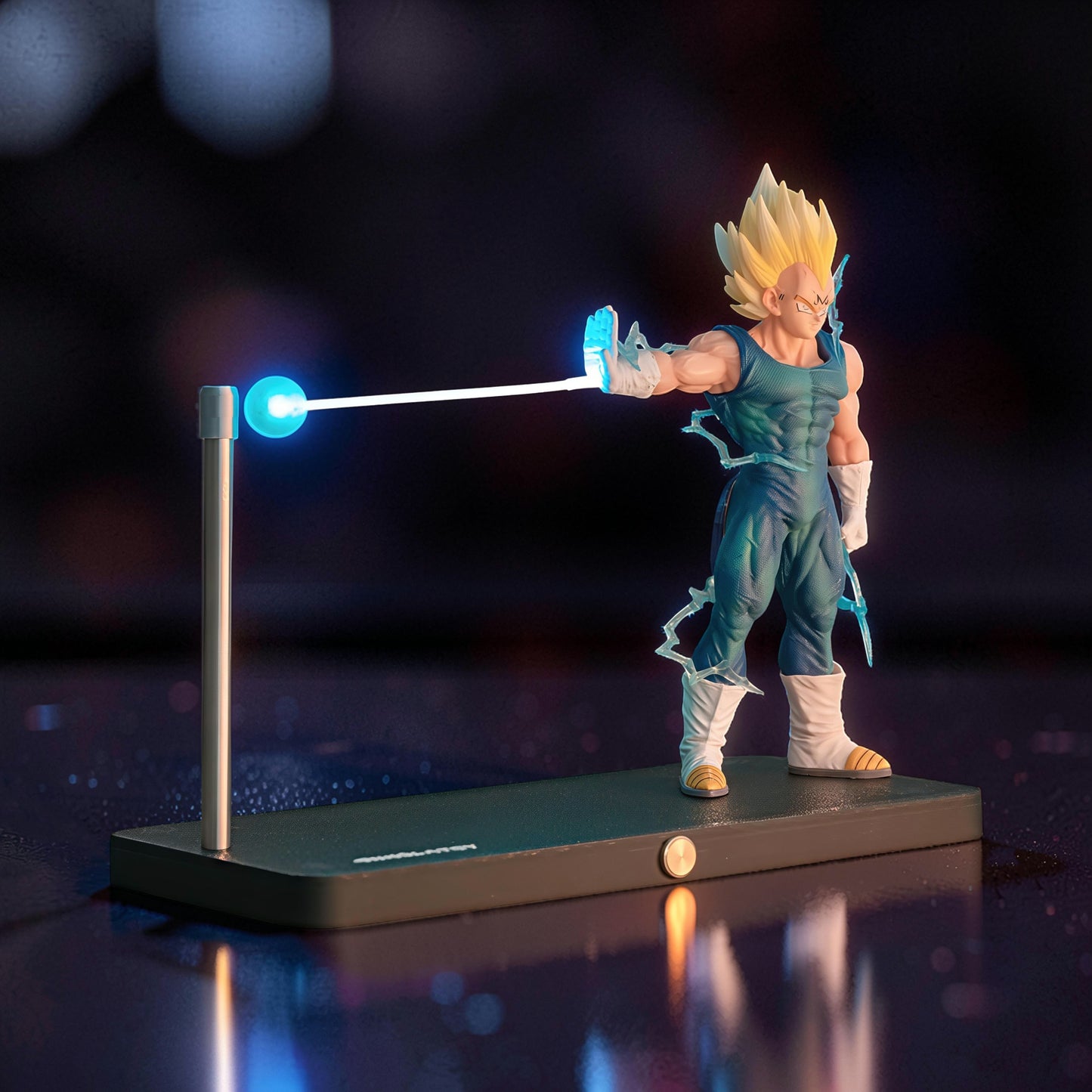 The Curious Mind Dragon Ball Vegeta night light with magnetic LED display, blue energy blast effect, dark blue suit, blonde hair.