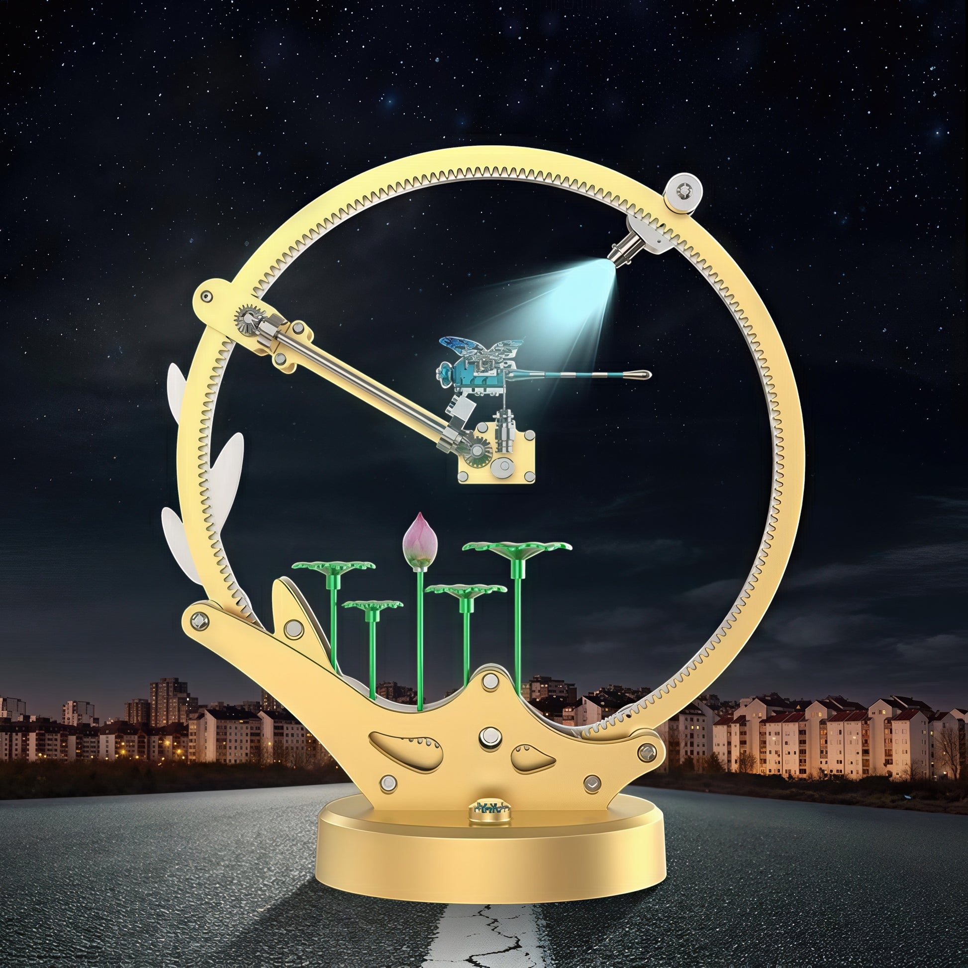 The Curious Mind Flying Dragonfly Kinetic DIY Kit, a metal mechanical model with a golden base and circular frame, featuring a dragonfly and lotus flowers under a starry night sky.