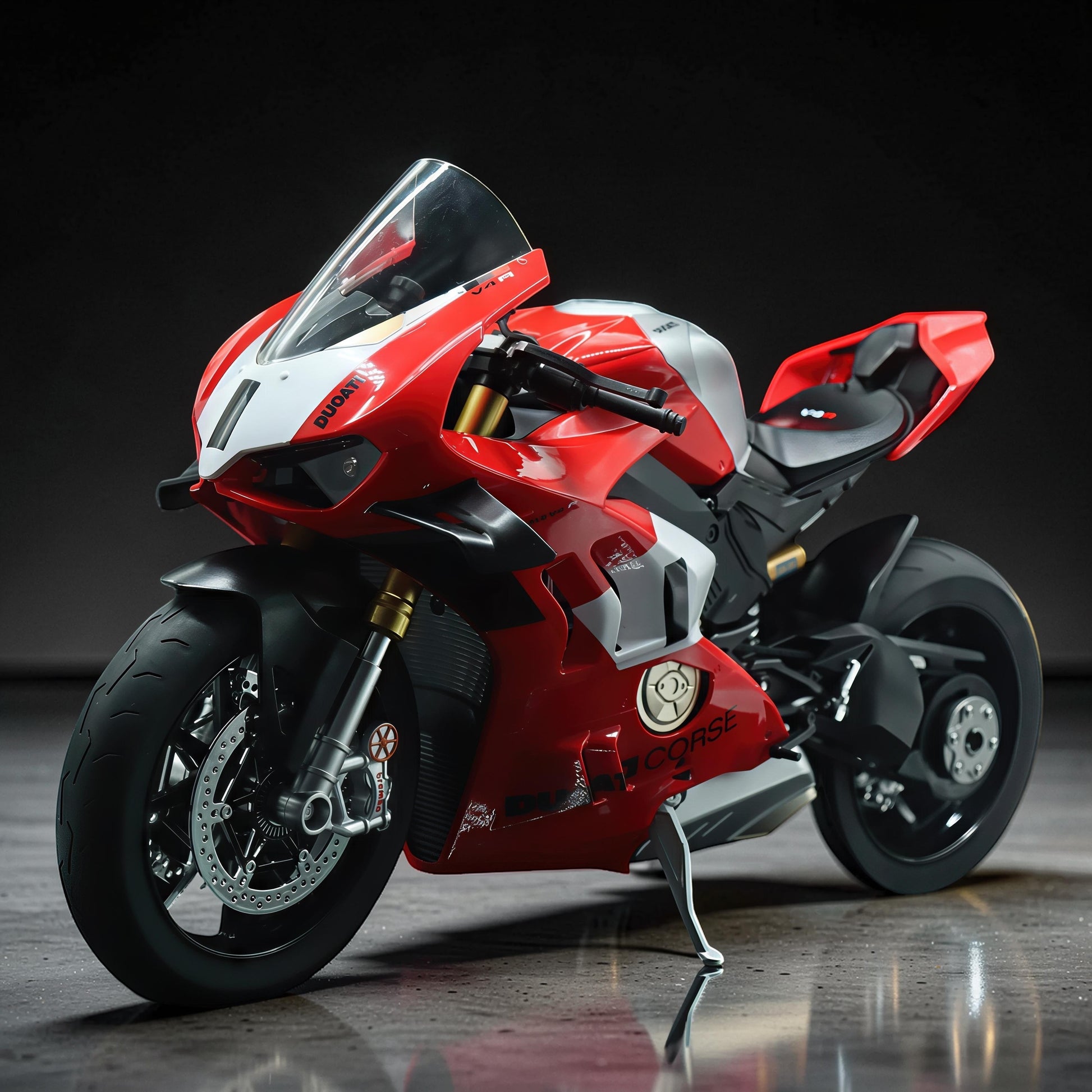 The Curious Mind Ducati Panigale V4R 1/6 diecast motorcycle model in red, white, and silver with detailed features and a clear windscreen.