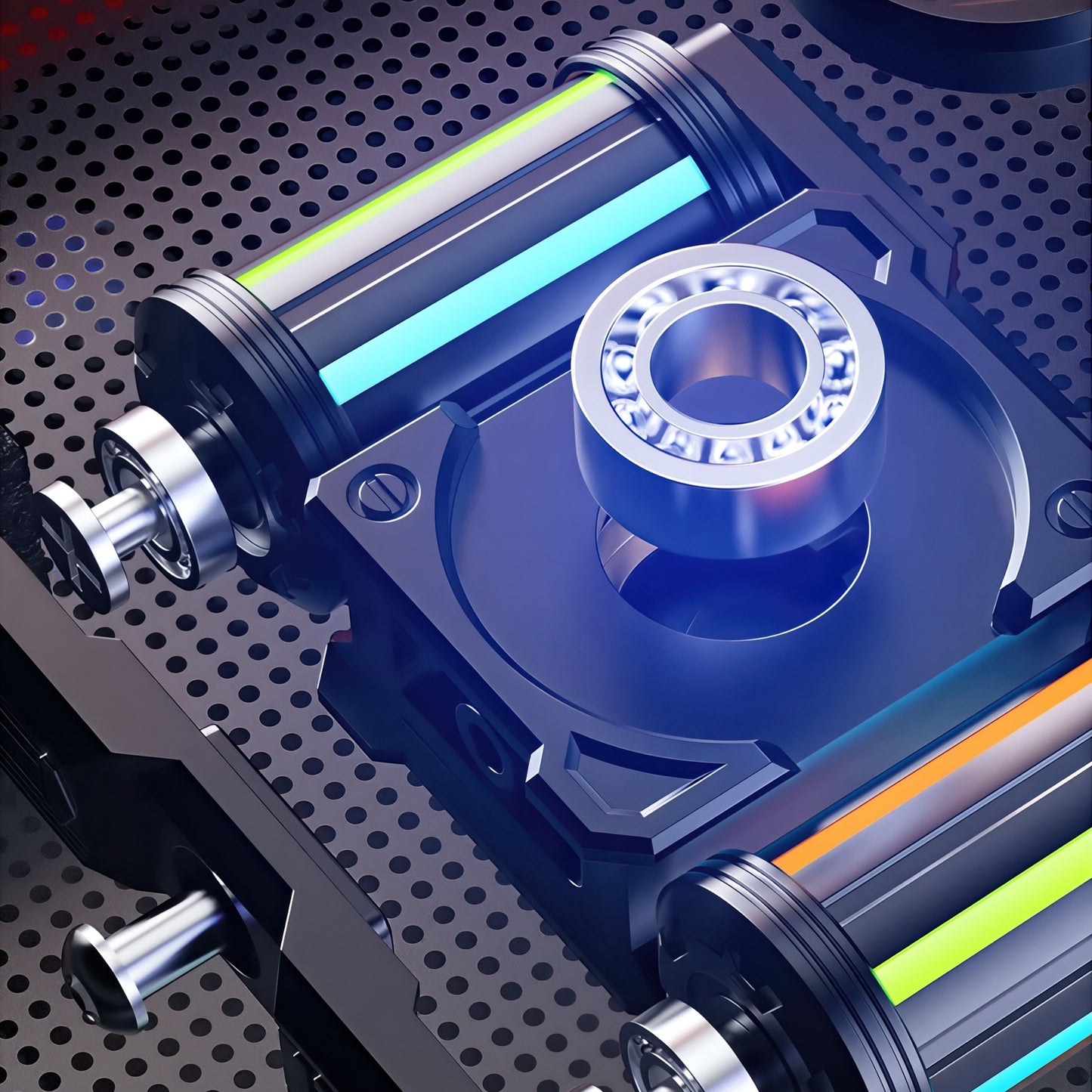 The Curious Mind Cutting Jue EDC metal spinner with blue and green LED accents and a central bearing.