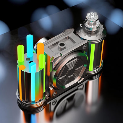The Curious Mind Cutting Jue EDC spinner, a premium metal fidget toy with colorful neon accents and a unique, futuristic design.