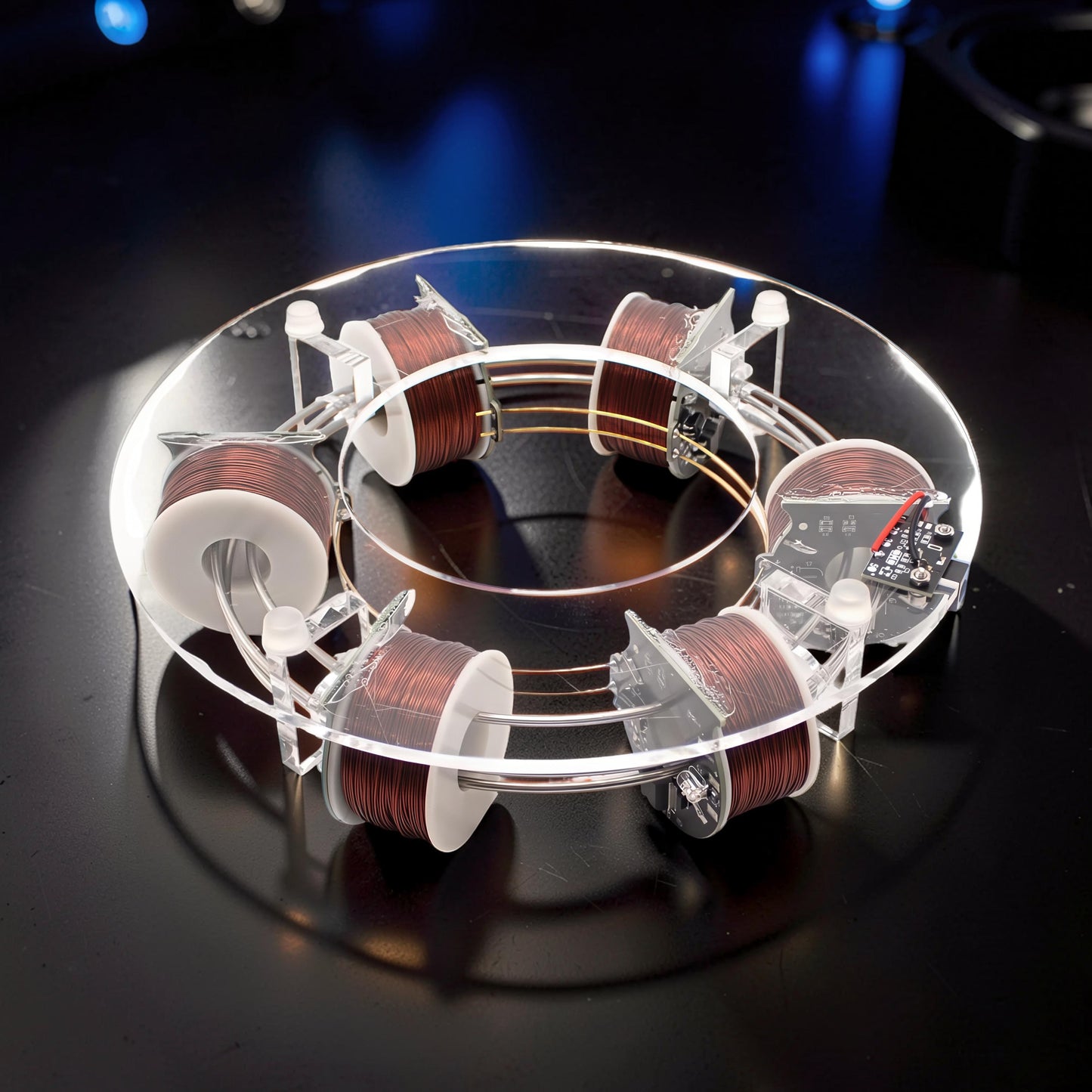The Curious Mind High-Tech Electromagnetic Coil Accelerator Display, a circular science toy made of metal and acrylic with copper coils.