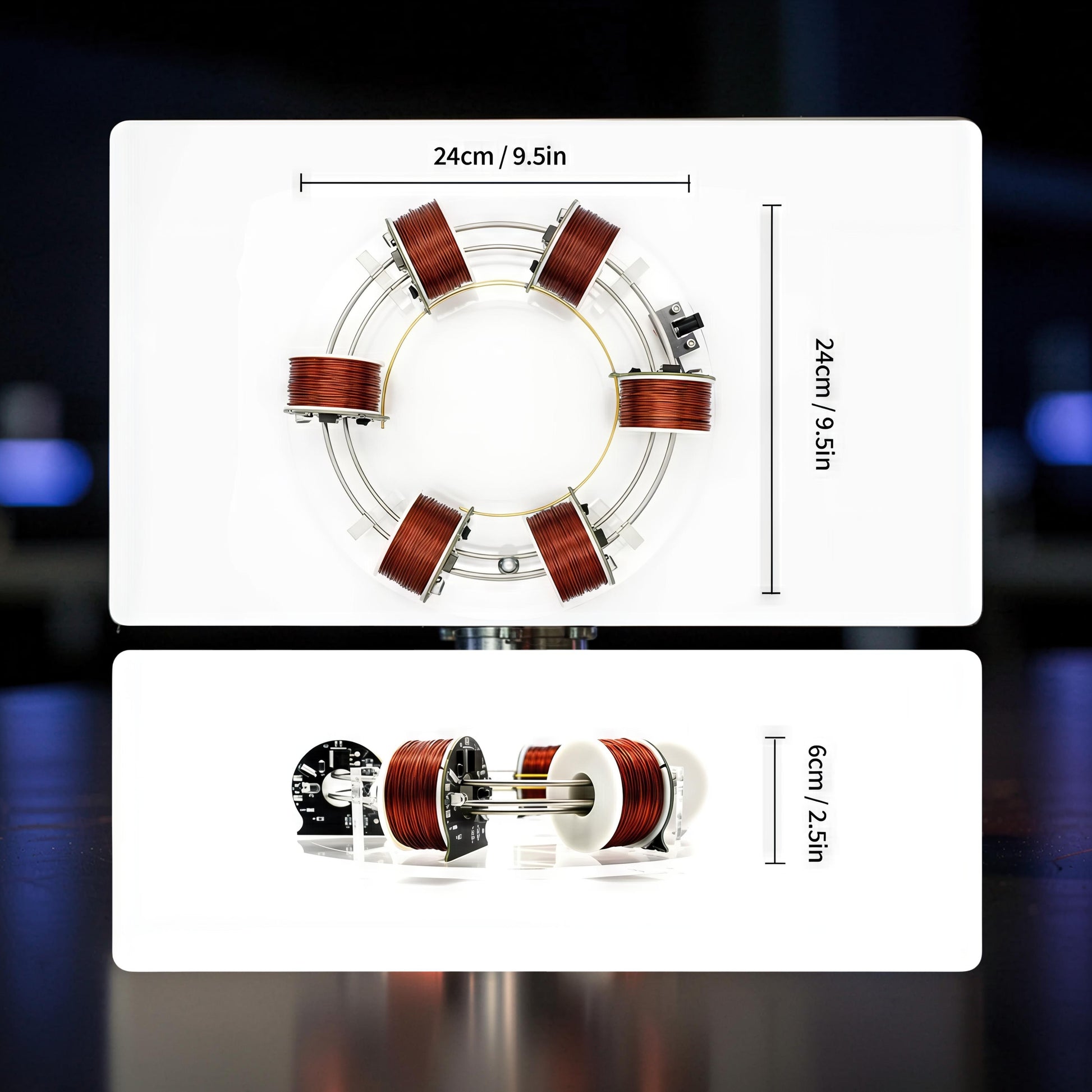 The Curious Mind Electromagnetic Coil Accelerator Display features six copper coils on a clear acrylic base, showcasing physics principles. Educational science model.