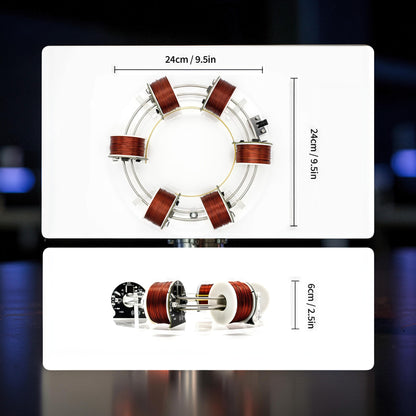 The Curious Mind Electromagnetic Coil Accelerator Display features six copper coils on a clear acrylic base, showcasing physics principles. Educational science model.