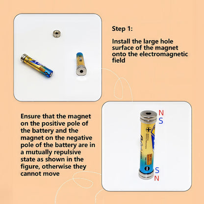 The Curious Mind Electromagnetic Train Puzzle Toy assembly instructions showing a battery with magnets attached, demonstrating magnetic repulsion.