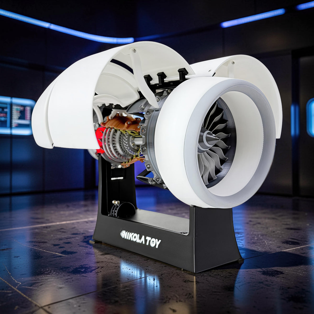 The Curious Mind turbofan engine display model, 35cm, made of white PLA with exposed mechanical details and a silver fan.