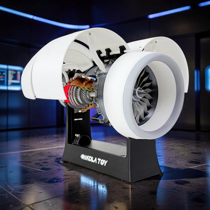 The Curious Mind turbofan engine display model, 35cm, made of white PLA with exposed mechanical details and a silver fan.