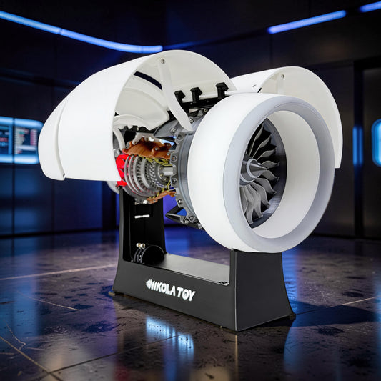 The Curious Mind turbofan engine display model, 35cm, made of white PLA with exposed mechanical details and a silver fan.