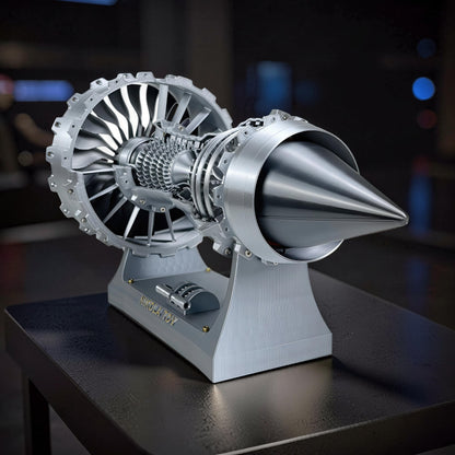 The Curious Mind turbofan engine display model, made of silver PLA, featuring intricate mechanical details and a conical nose cone.