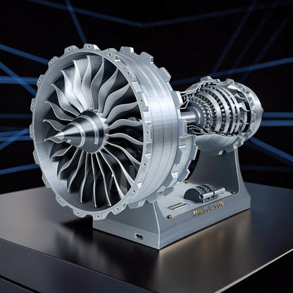 The Curious Mind turbofan engine display model, 40cm, made of silver PLA with visible internal mechanics and fan blades.