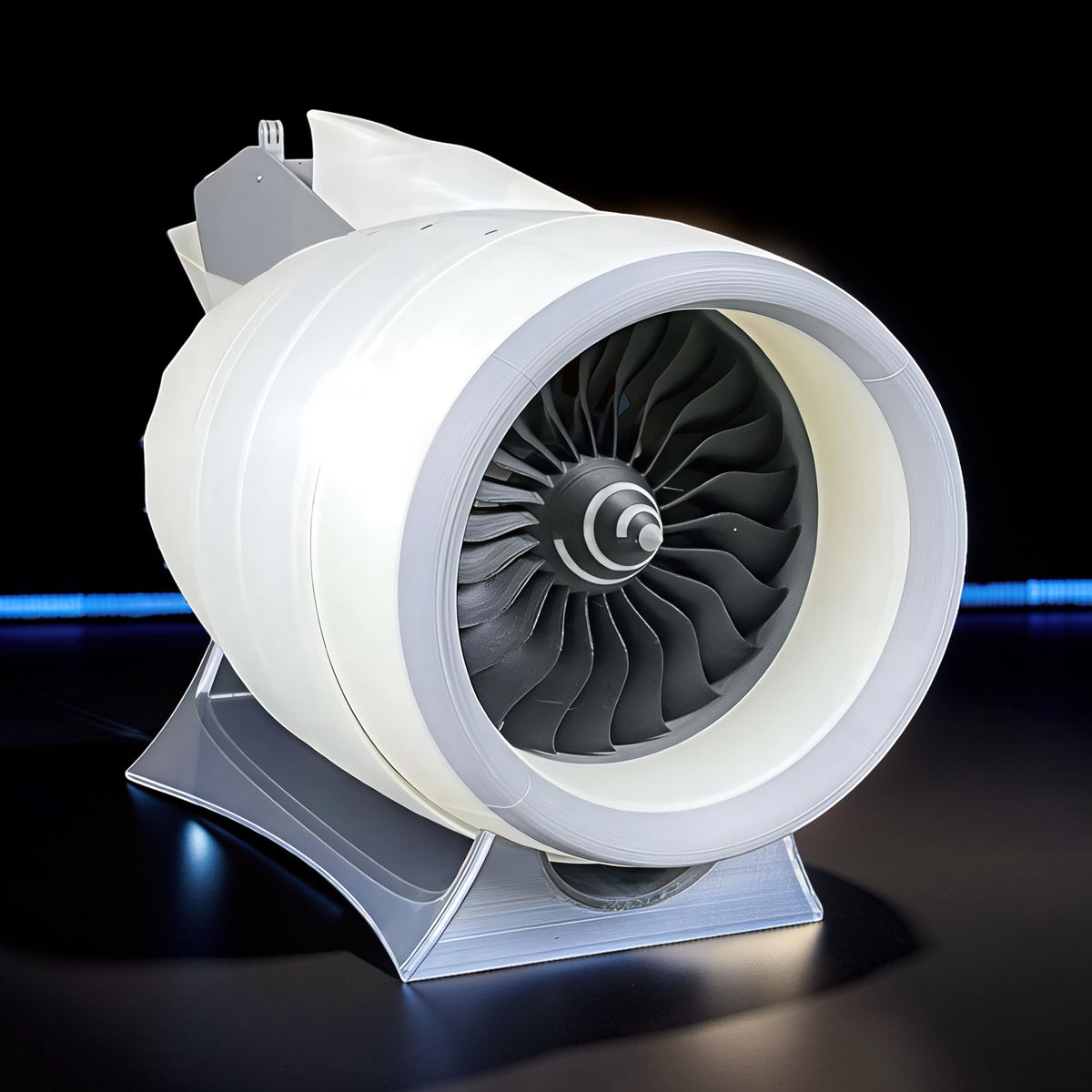 The Curious Mind turbofan engine display model, 35cm, white and grey PLA with detailed fan blades.