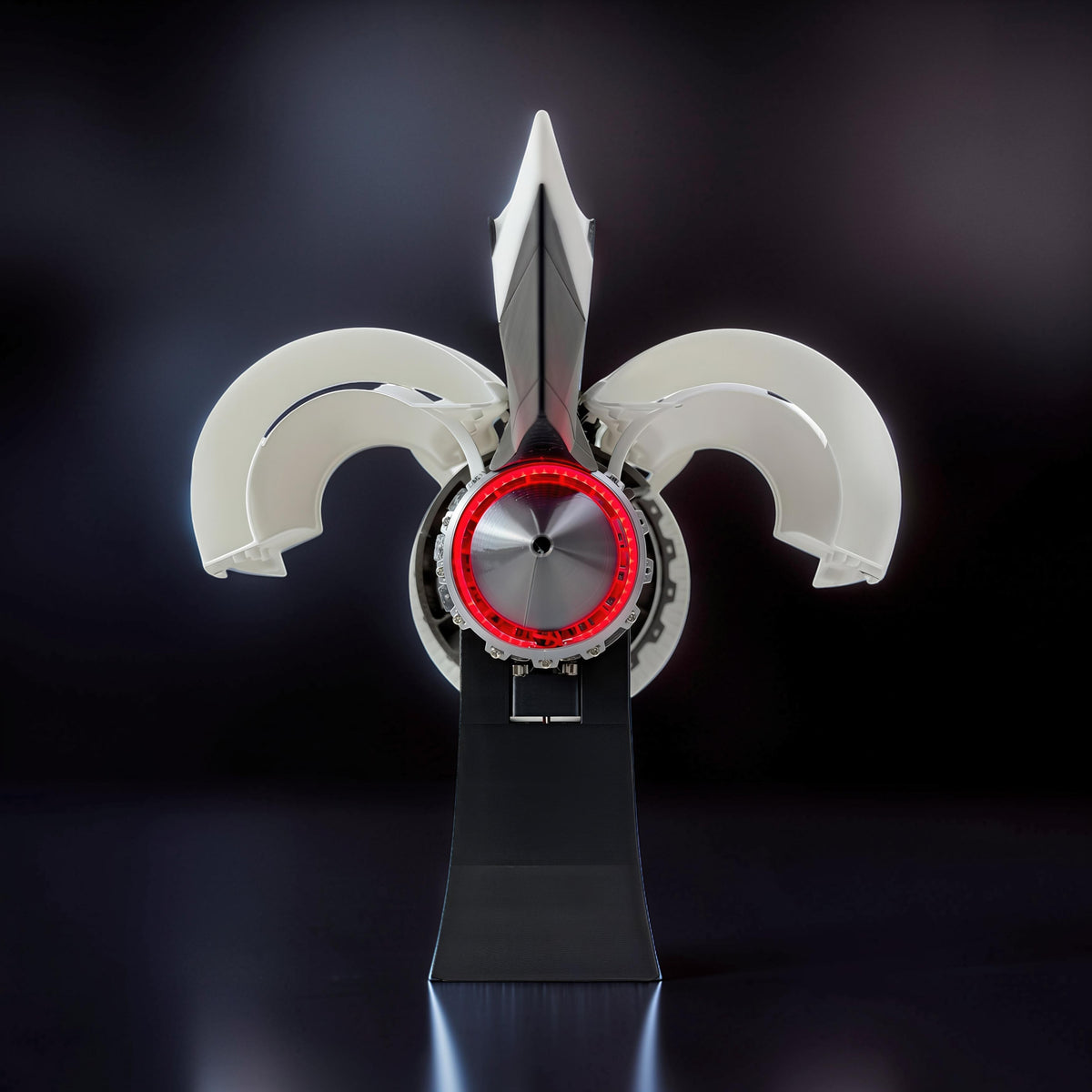 The Curious Mind turbofan engine display model, 35cm, made of white and black PLA with a red illuminated fan.