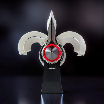 The Curious Mind turbofan engine display model, 35cm, made of white and black PLA with a red illuminated fan.