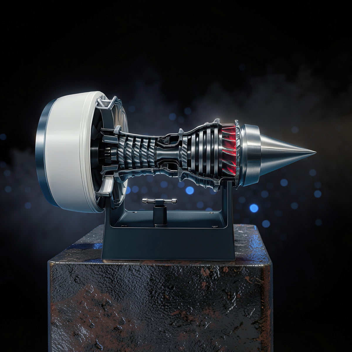 The Curious Mind turbofan engine display model, 40cm, made of PLA with mechanical movement.