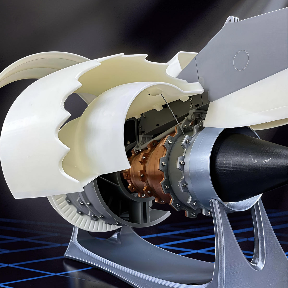 The Curious Mind turbofan engine display model, 35cm, made of white PLA with copper and grey mechanical details.