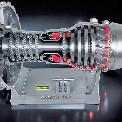 The Curious Mind turbofan engine display model, 40cm, made of silver PLA with red accents and mechanical movement.