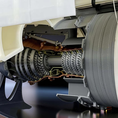 The Curious Mind turbofan engine display model, 35cm, made of PLA with mechanical movement.
