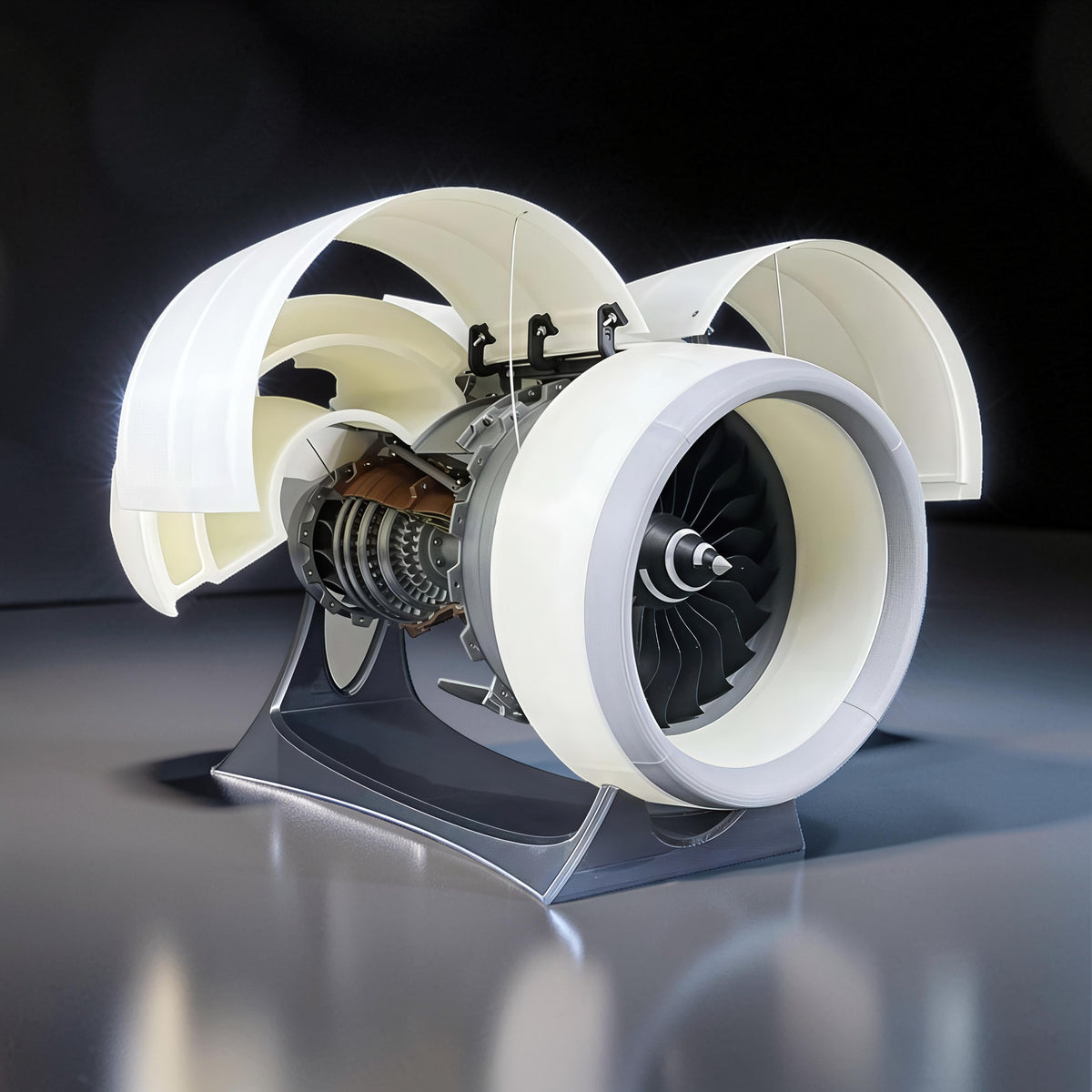 The Curious Mind turbofan engine display model, 35cm, made of white and grey PLA with mechanical movement.
