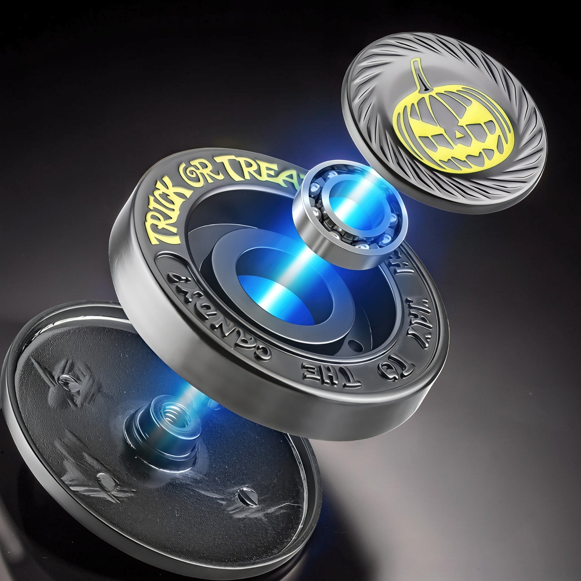 The Curious Mind Evil Pumpkin Haptic Coin Spinner with 'Trick or Treat' text and a pumpkin design. Metal construction.